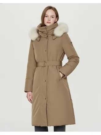 헤지스레이디스 25FW [폭스FUR][구스다운]카멜 벨티드 코트형 논퀼팅 롱 헤비다운 점퍼 HSJU5D103CM