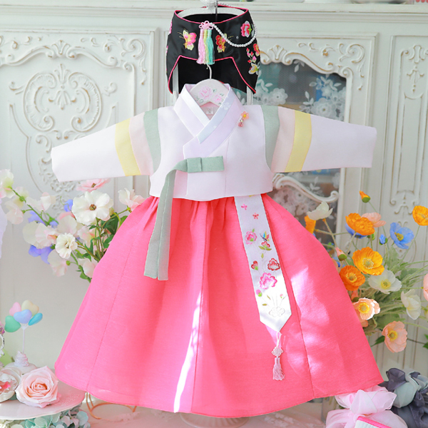 [보리보리] 도담도담 어깨 삼색동 핑크 여아한복 아동 유아 아기 전통 백일 돌 추석 초등 주니어